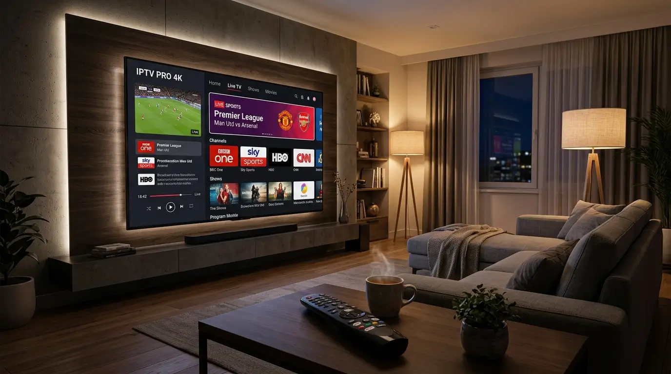 IPTV with subscription service streaming channels on smart TV in modern living room