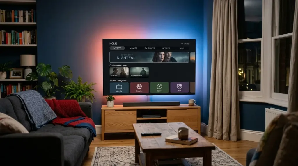 Best IPTV 2026 streaming service on 4K smart TV in luxury living room