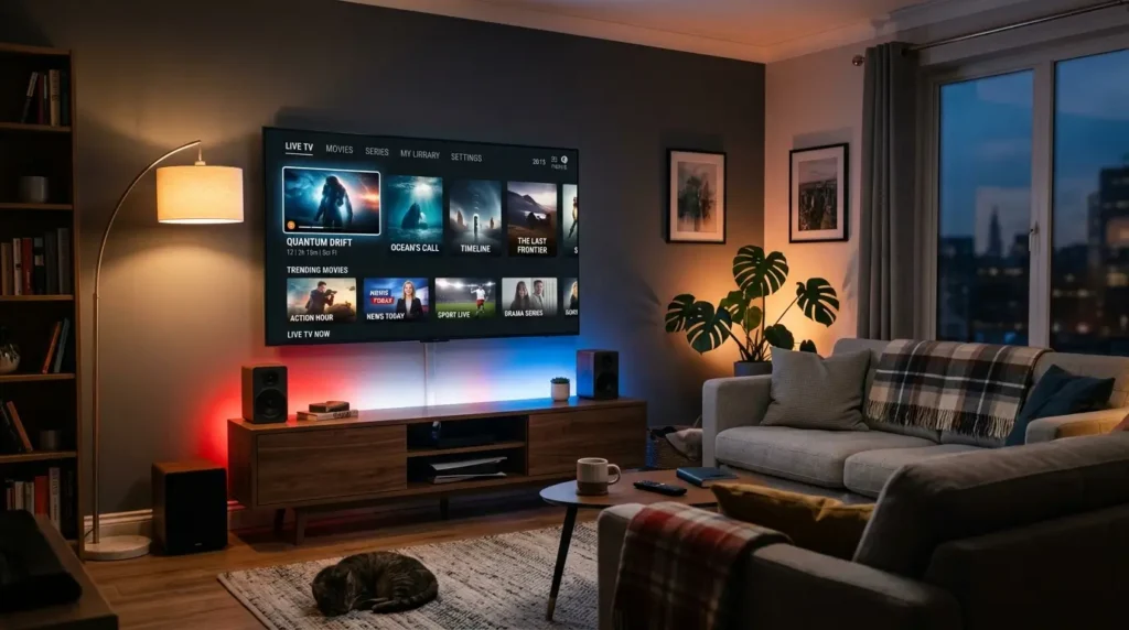 UK IPTV subscription on smart TV with live channels and premium streaming