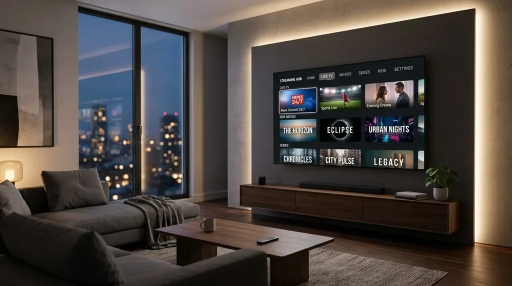 best IPTV UK displayed on smart TV in modern British living room with UK channels