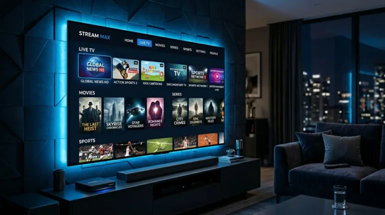 Modern smart TV with a premium IPTV provider streaming interface in a futuristic living room