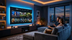 Modern smart TV displaying a premium IPTV with subscription streaming interface