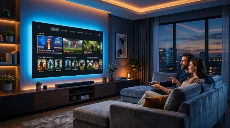Modern smart TV displaying a premium IPTV with subscription streaming interface