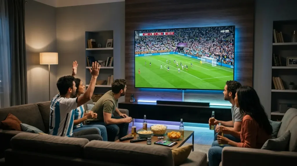 Football player with digital IPTV streaming effect during World Cup match